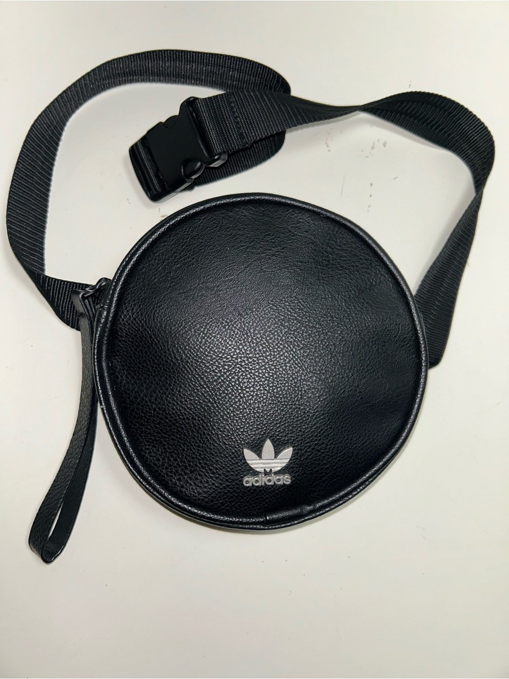 Adidas Originals Black Faux Leather Circle Waist Pack Wristlet Trefoil Logo
